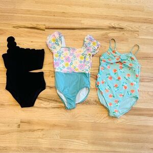Set of 3 Girls' One-Piece Swimsuits - Black, Floral Mint, Peach Print